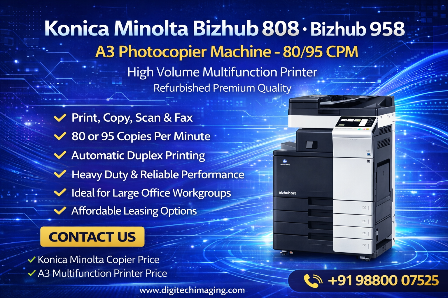 Konica Minolta Bizhub 808 958 A3 photocopier machine 80 95 CPM multifunction printer with duplex printing high speed office copier price Bangalore Digitech Imaging