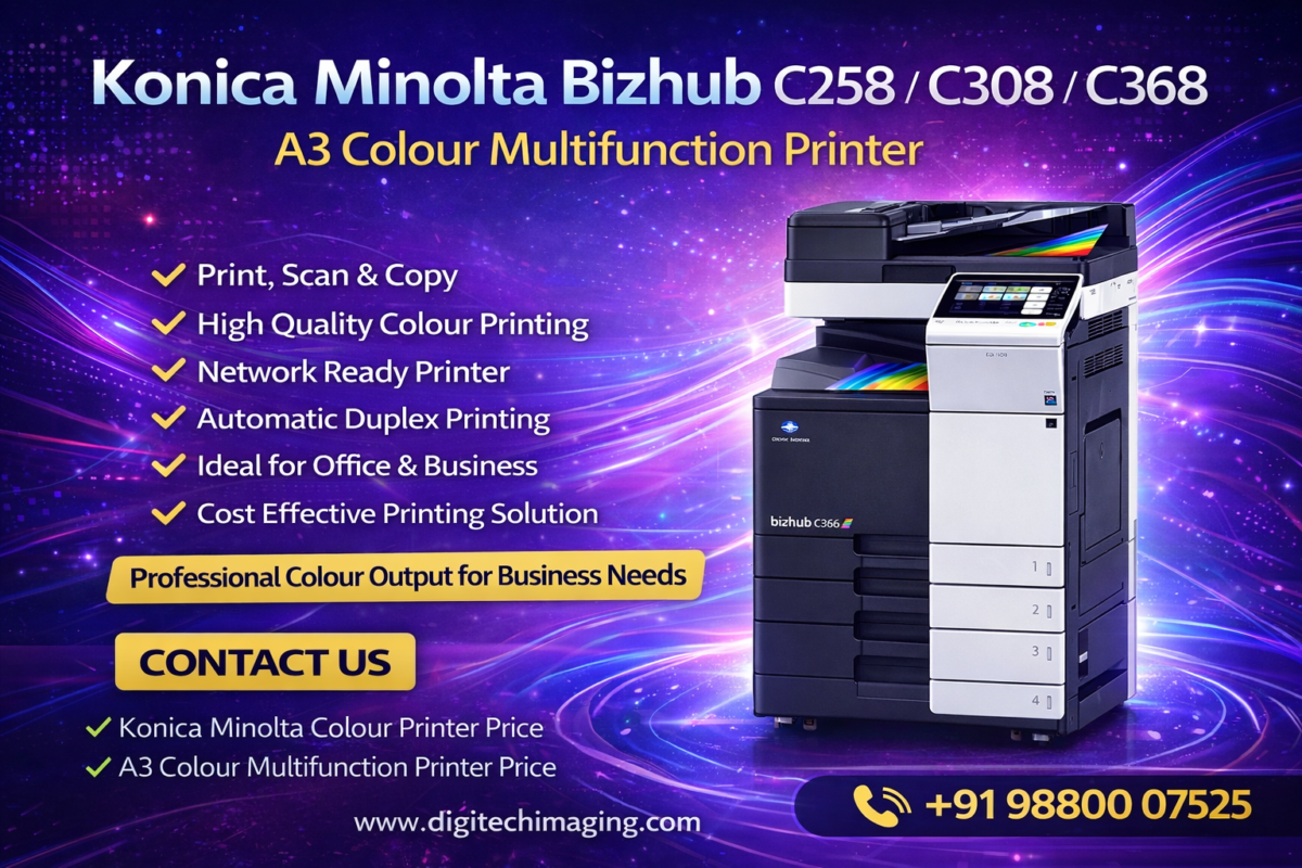 Konica Minolta Bizhub C258 C308 C368 A3 colour multifunction printer with print scan copy network duplex office printer price Bangalore Digitech Imaging