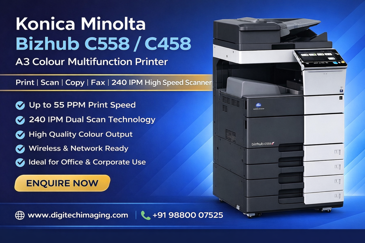 Konica Minolta Bizhub C558 C458 A3 Colour Multifunction Printer with 240 IPM dual scan high speed office printer copier scanner machine India Digitech Imaging