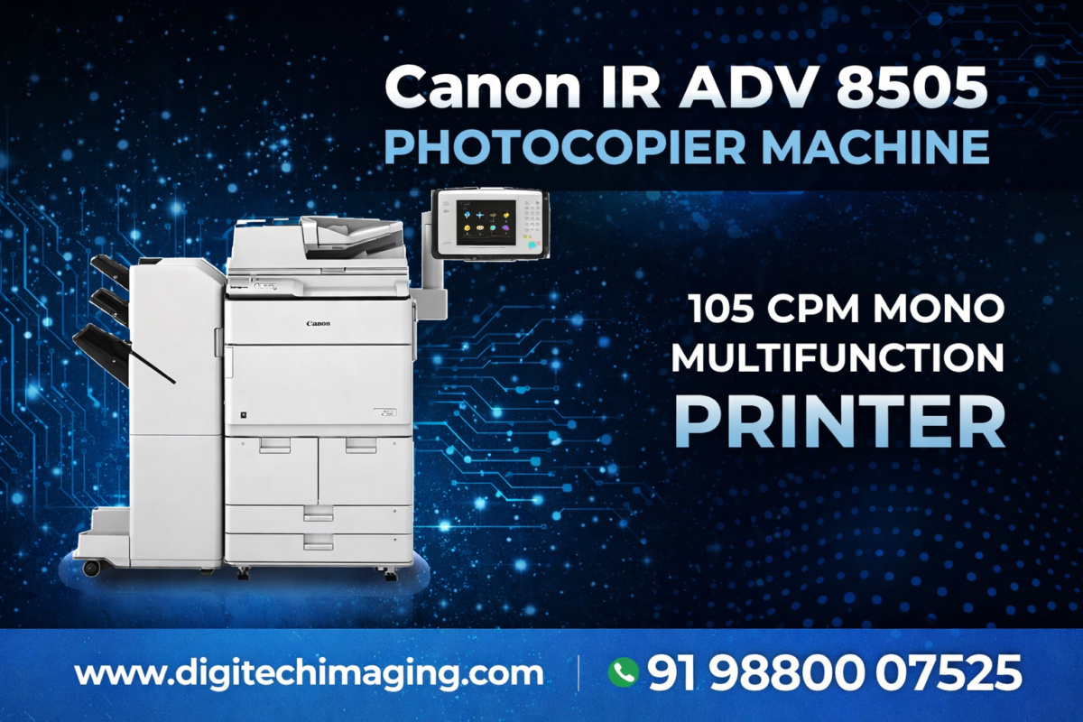 Canon IR ADV 8505 photocopier machine thumbnail poster showing 105 CPM mono multifunction printer with website www.digitechimaging.com and phone number +91 98800 07525 on blue digital background.