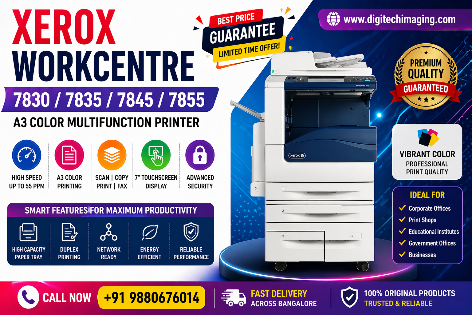 Xerox WorkCentre 7830 7835 7845 7855 A3 Color Multifunction Printer price in Bangalore office color copier machine Digitech Imaging