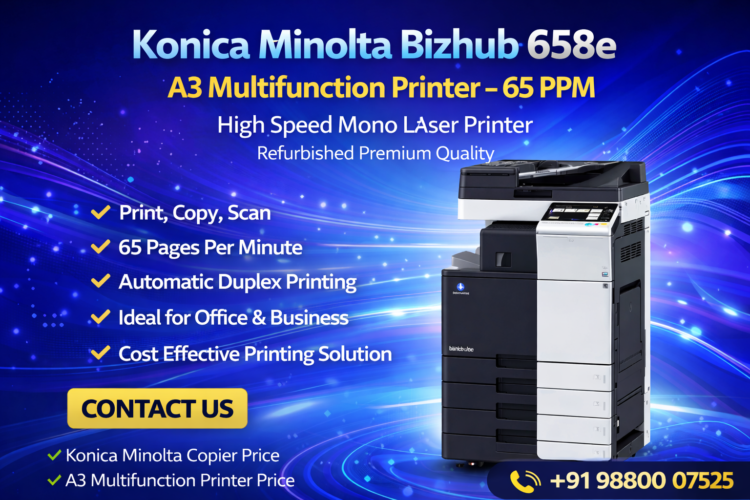 Konica Minolta Bizhub 658e A3 multifunction printer 65 ppm mono laser refurbished photocopier machine with duplex printing for office use in Bangalore Digitech Imaging