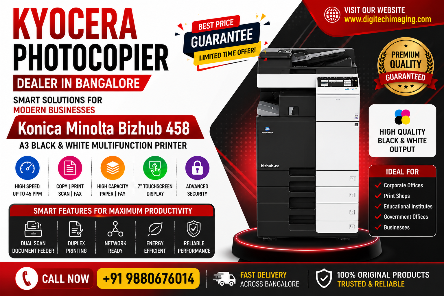 Kyocera Photocopier Dealer Bangalore offering Konica Minolta Bizhub 458 A3 multifunction printer for office printing, scanning, copying and business solutions.