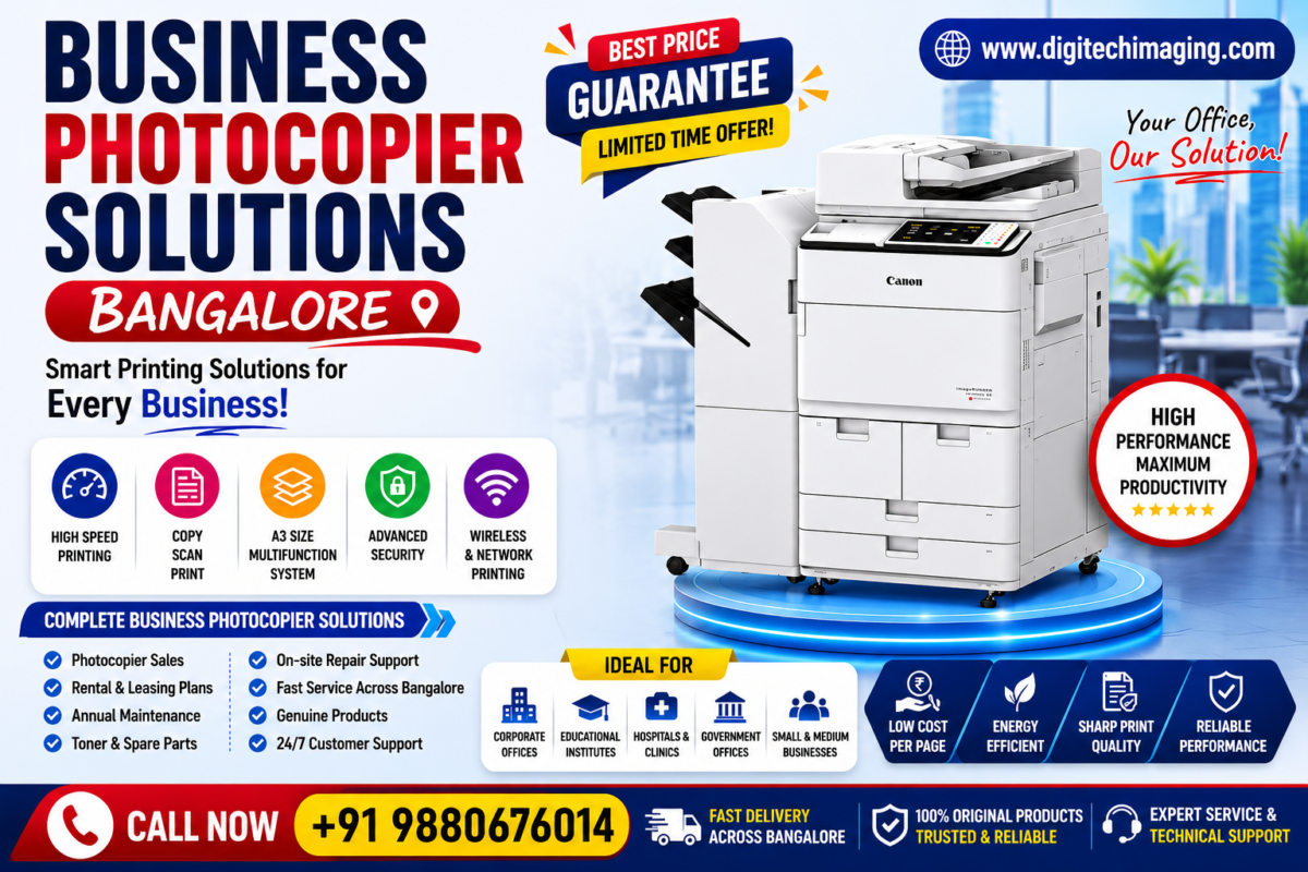 Business Photocopier Solutions Bangalore poster featuring advanced office multifunction printer with printing, scanning, copying, and wireless office solutions by Digitech Imaging.