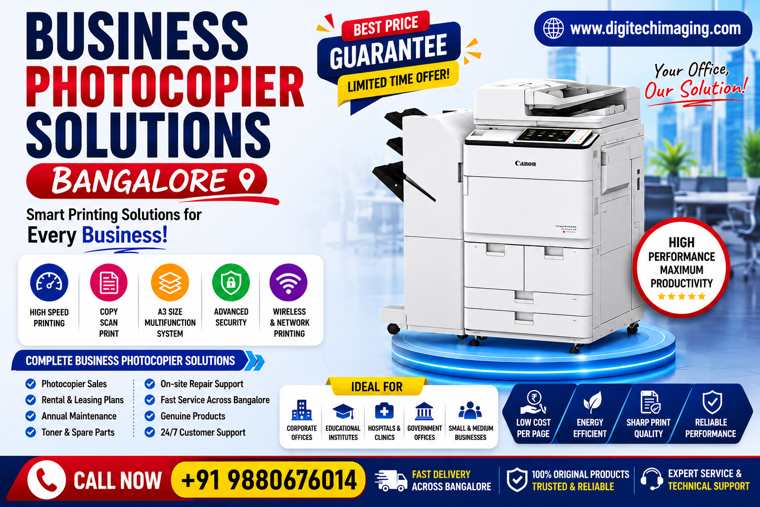 Business Photocopier Solutions Bangalore poster featuring advanced office multifunction printer with printing, scanning, copying, and wireless office solutions by Digitech Imaging.