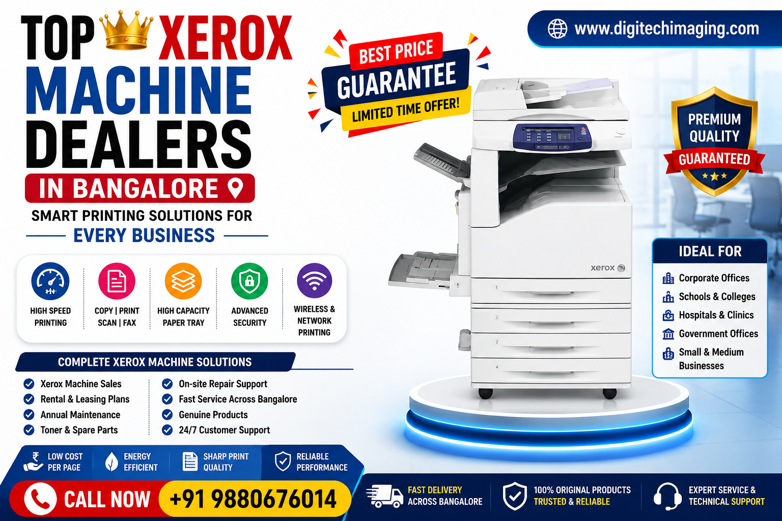 Top Xerox Machine Dealers in Bangalore promotional poster featuring advanced Xerox multifunction printer with office printing, scanning, copying, and business photocopier solutions.