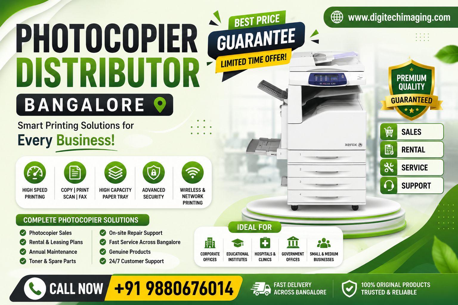 Photocopier Distributor Bangalore poster featuring advanced Xerox multifunction printer with office printing, scanning, copying, rental, and business printing solutions by Digitech Imaging.