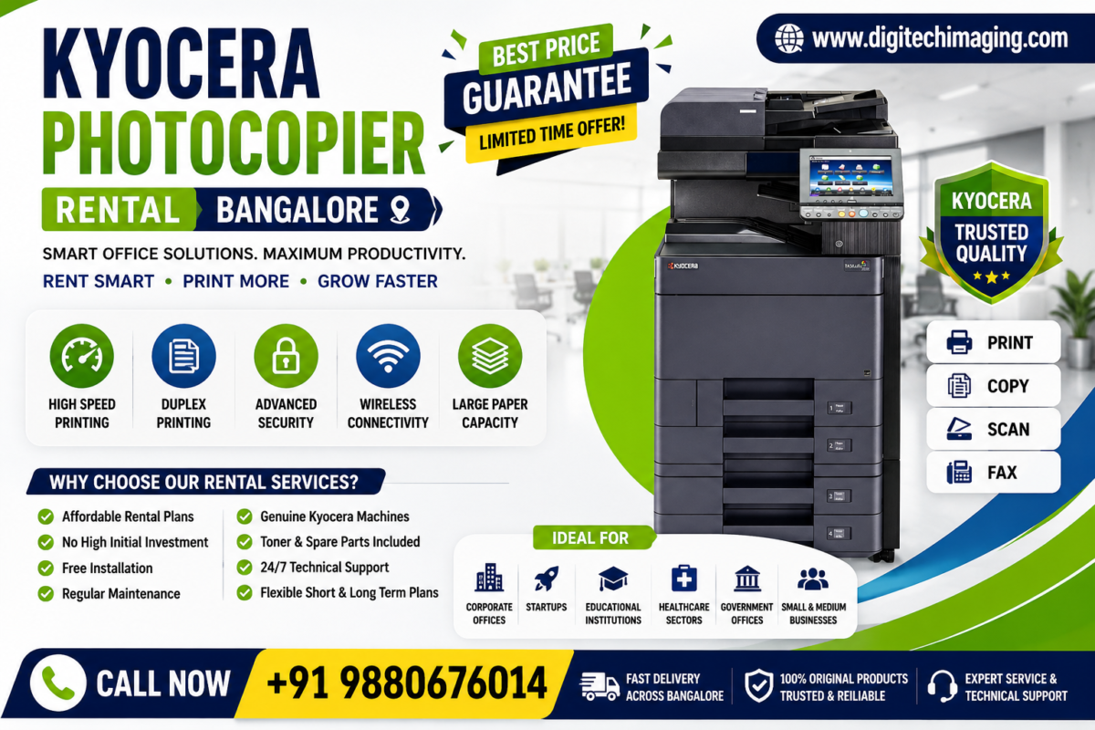 Kyocera Photocopier Rental Bangalore poster featuring Kyocera multifunction copier machine with printing, scanning, copying, rental plans, and office printing solutions.