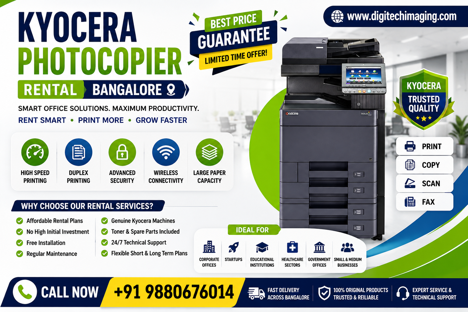 Kyocera Photocopier Rental Bangalore poster featuring Kyocera multifunction copier machine with printing, scanning, copying, rental plans, and office printing solutions.