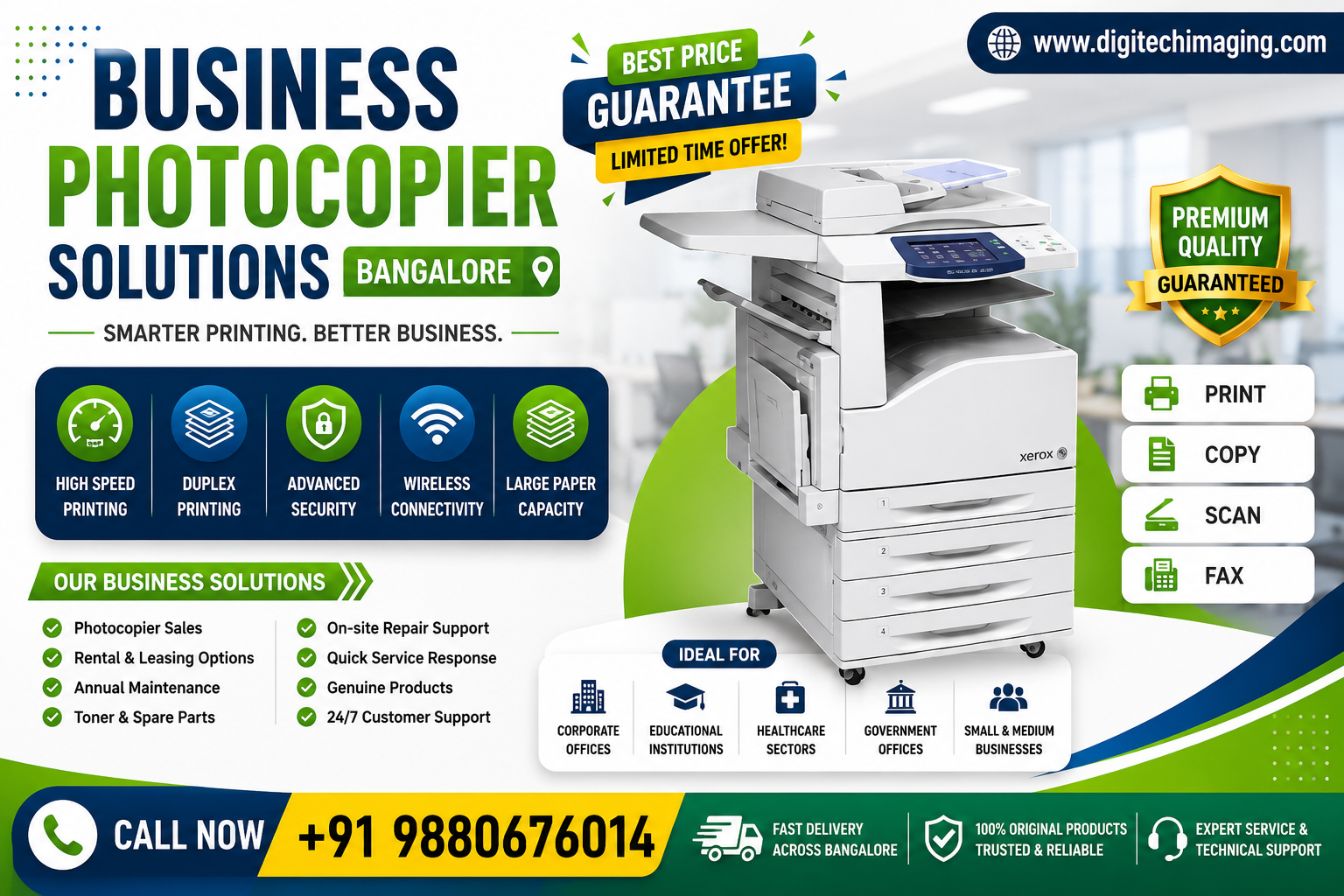 Business Photocopier Solutions Bangalore poster featuring multifunction photocopier machine with printing, copying, scanning, rental, maintenance, and office printing services.