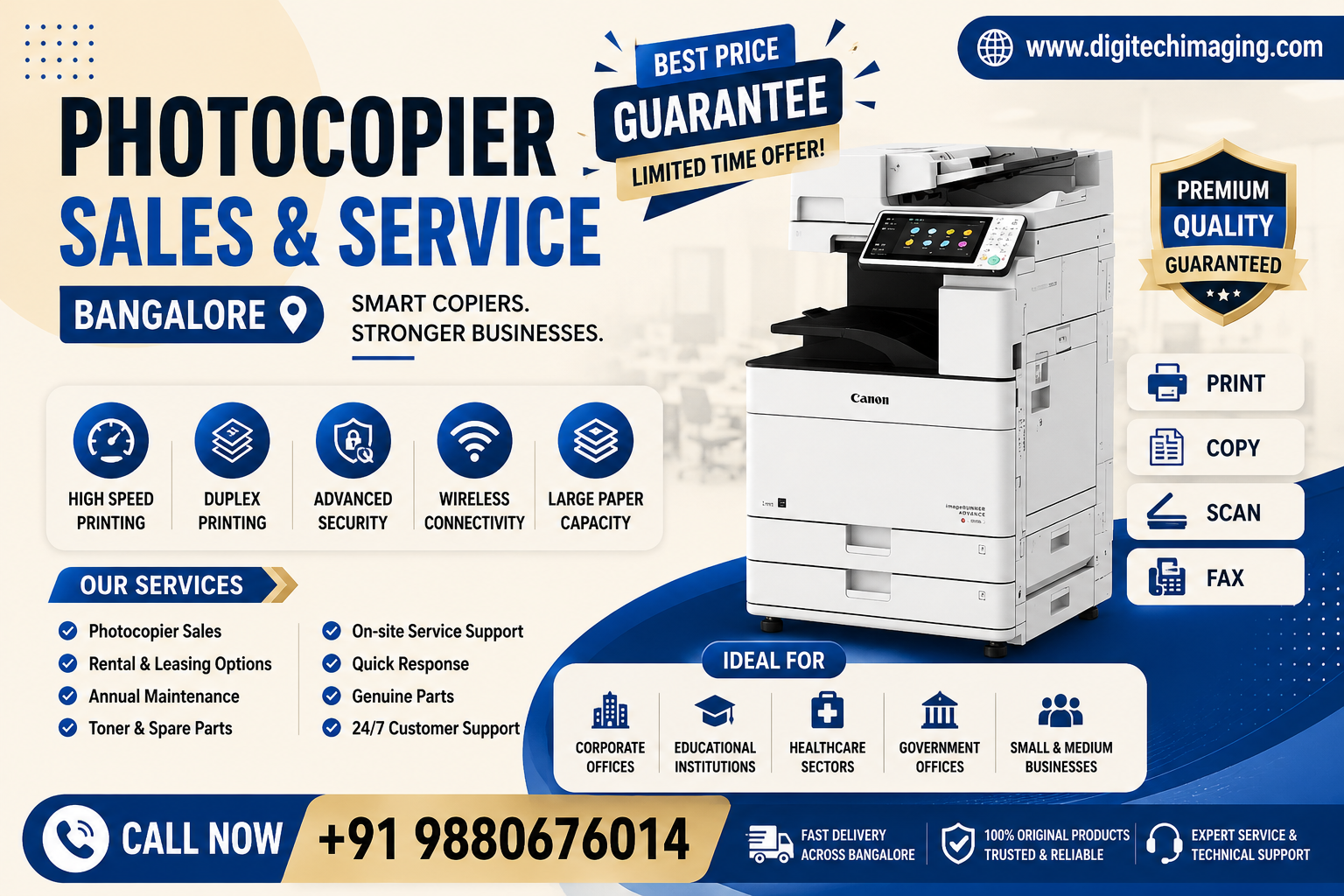 Photocopier Sales and Service Bangalore featuring Canon multifunction printer with photocopier sales, rental services, maintenance support, office printing solutions, and technical service by Digitech Imaging.