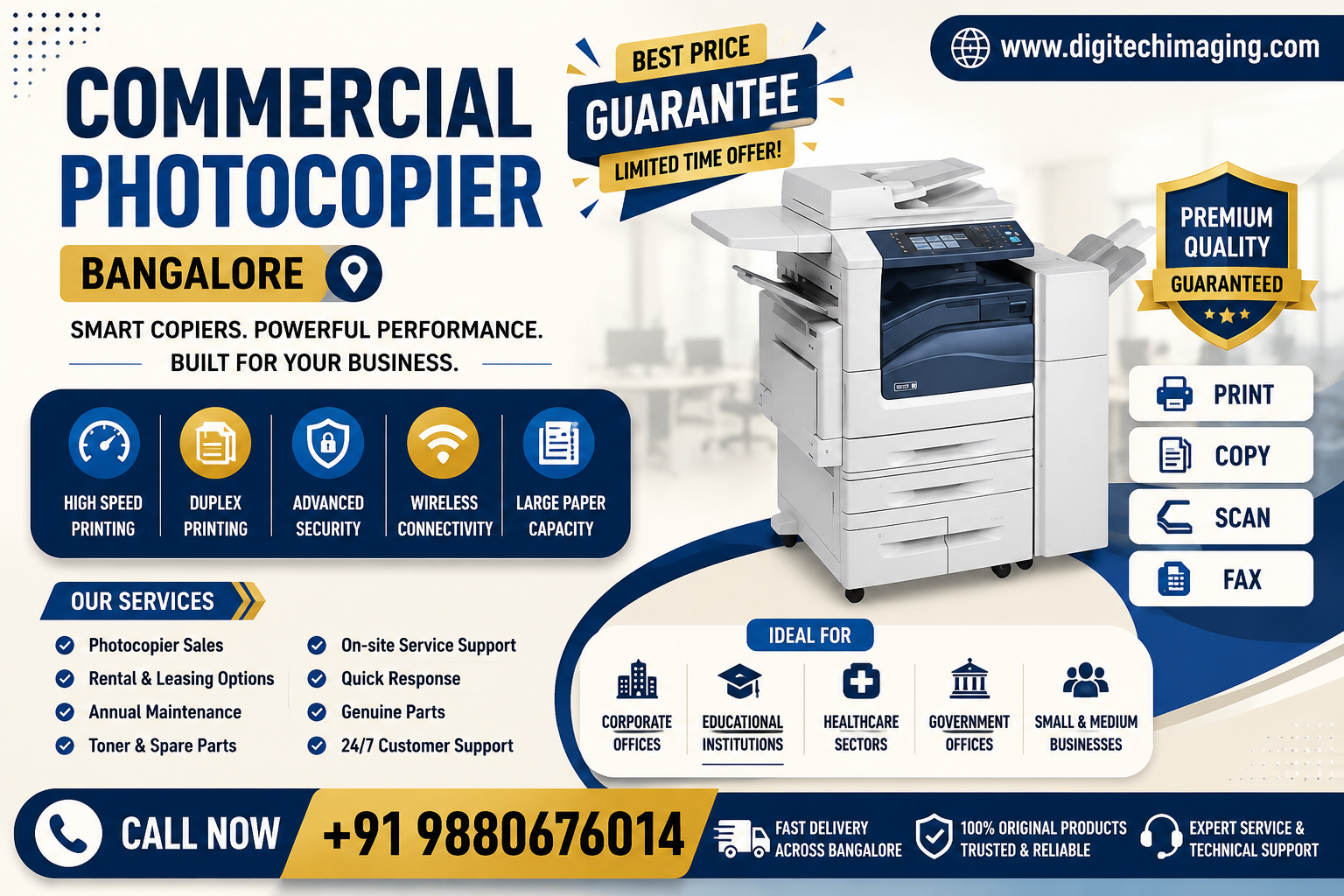 Commercial Photocopier Bangalore featuring high-speed multifunction photocopier machine with printing, copying, scanning, faxing, rental services, maintenance support, and office automation solutions.