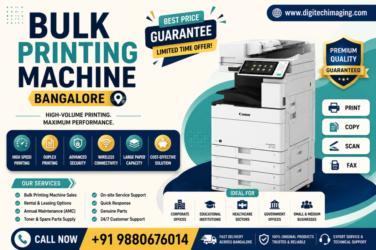 Bulk Printing Machine Bangalore featuring Canon multifunction printer for high-volume printing, copying, scanning, wireless connectivity, and commercial office printing solutions.
