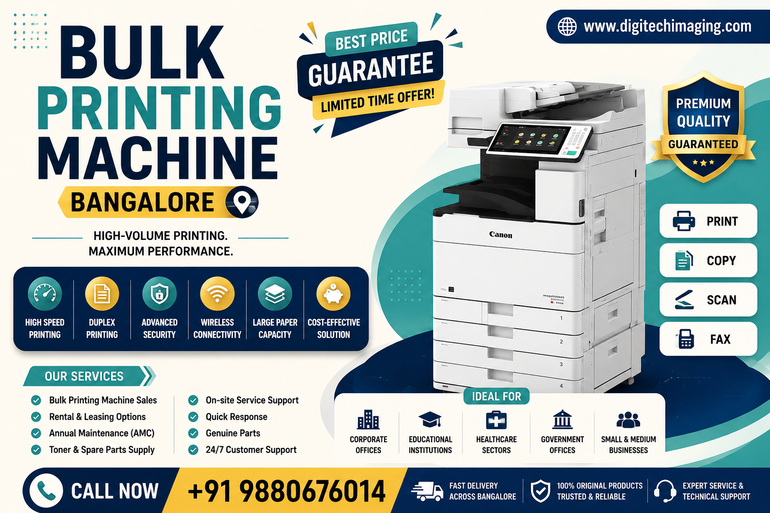 Bulk Printing Machine Bangalore featuring Canon multifunction printer for high-volume printing, copying, scanning, wireless connectivity, and commercial office printing solutions.