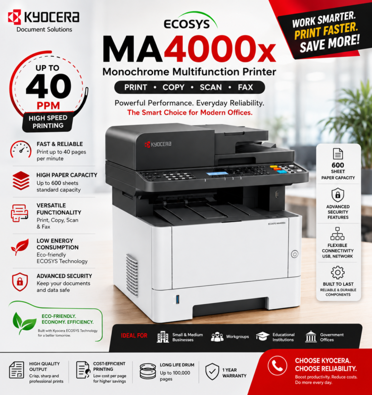 Kyocera ECOSYS MA4000x monochrome multifunction printer with 40 ppm printing speed