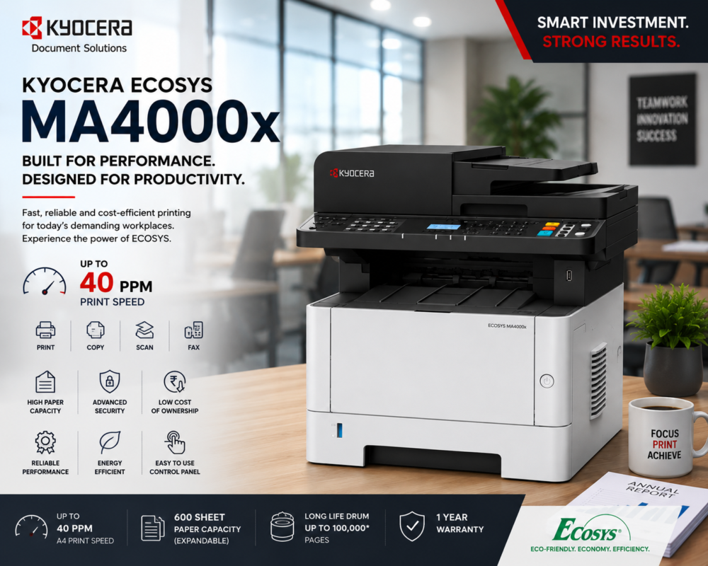 Kyocera ECOSYS MA4000x monochrome multifunction printer with 40 ppm printing speed