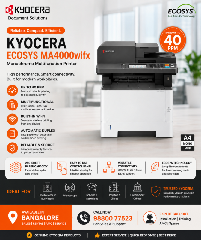 Kyocera ECOSYS MA4000wifx monochrome multifunction printer with Wi-Fi for office use