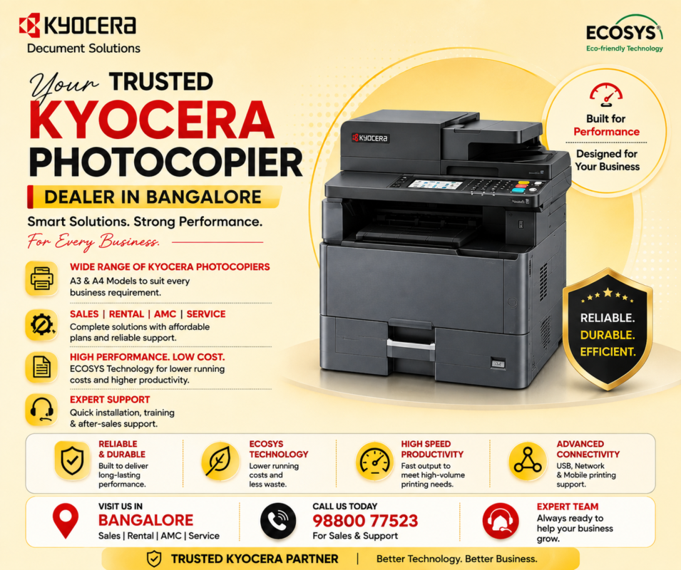 Kyocera photocopier dealer in Bangalore offering copier sales, rental, AMC and service support