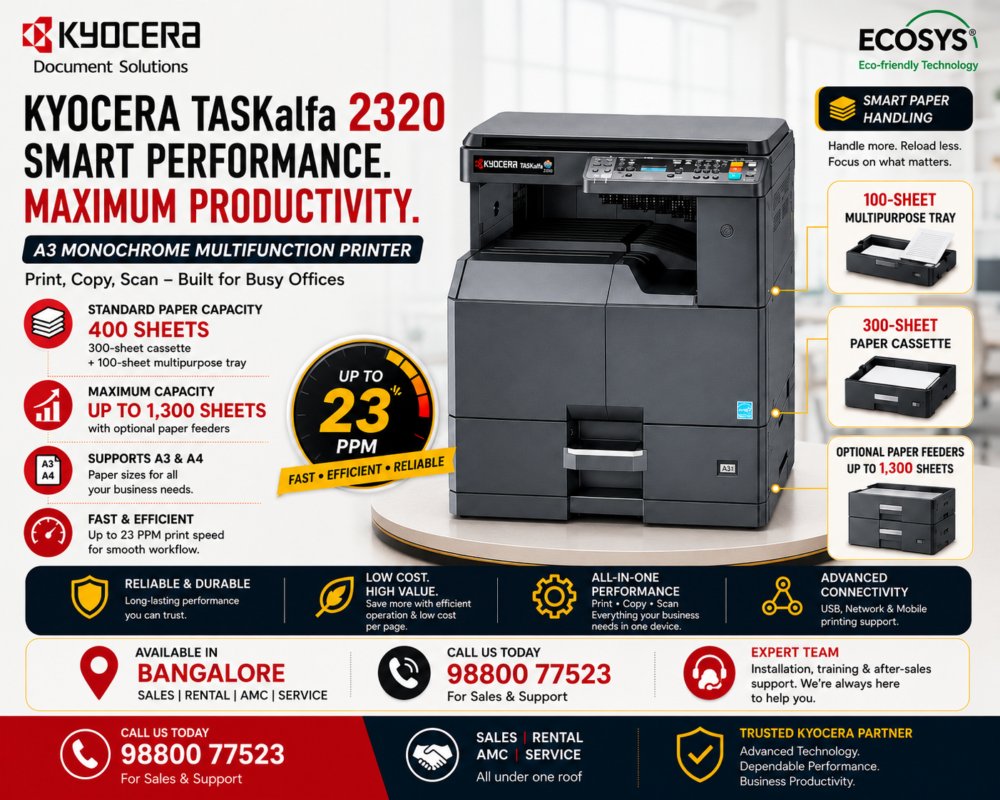 Kyocera TASKalfa 2320 A3 monochrome multifunction photocopier with 23 PPM printing and high paper capacity in Bangalore