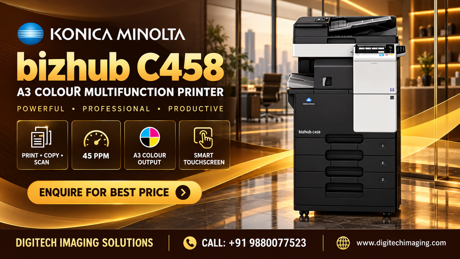 Konica Minolta C458 price in India – 45 PPM A3 color multifunction printer