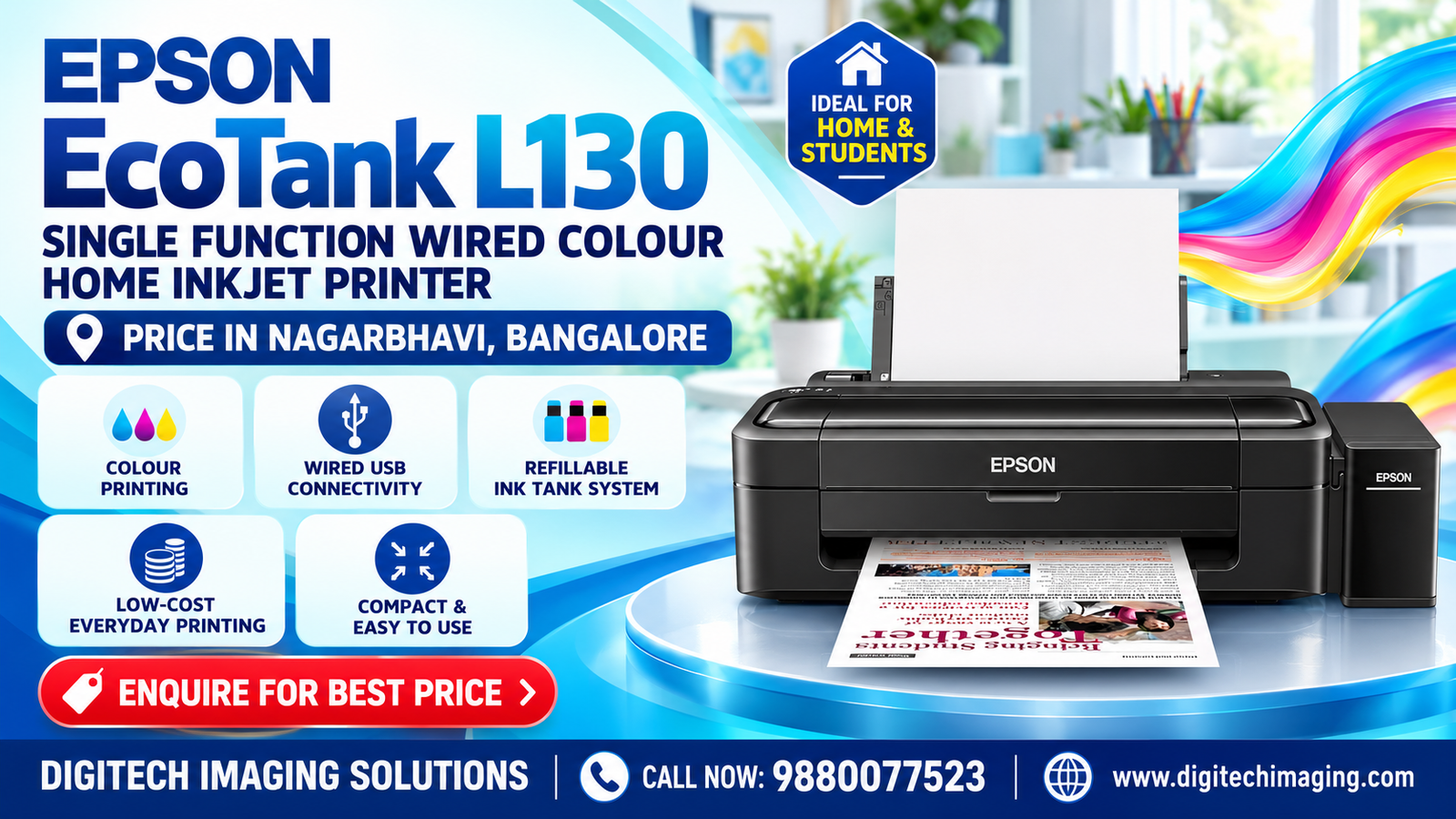 Epson EcoTank L130 Single Function Wired Colour Inkjet Printer Price in Nagarbhavi